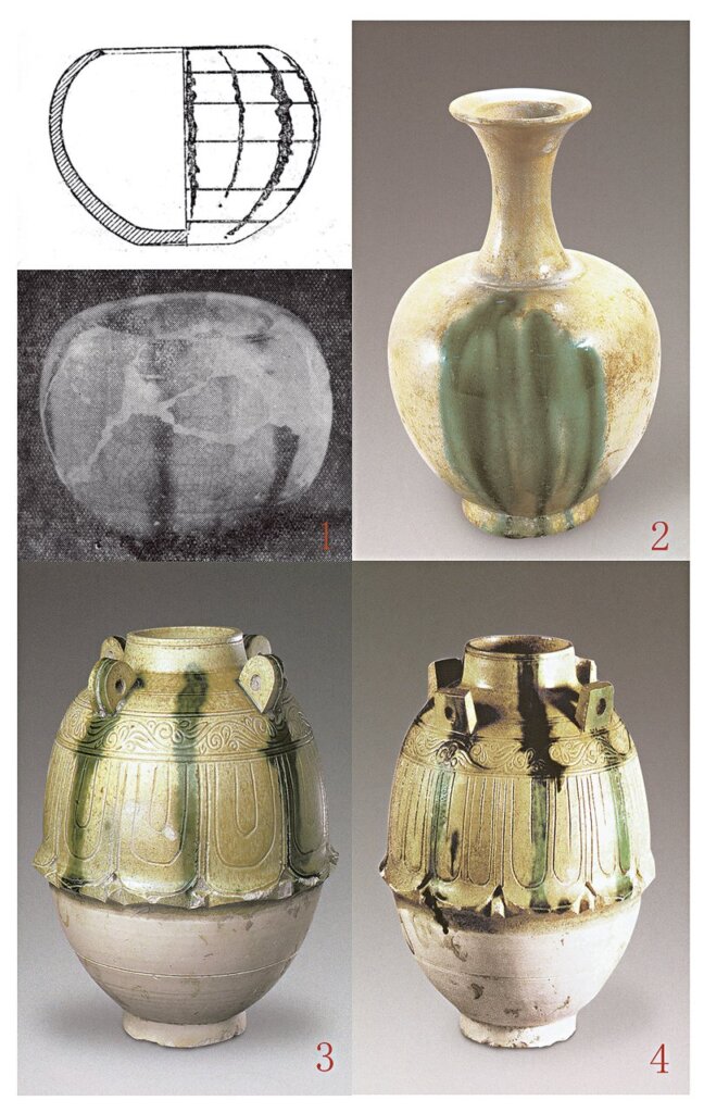 北朝彩瓷：1太原北齊婁睿墓出土〈二彩瓷盂〉；2安陽北齊范粹墓出土〈白瓷綠彩長頸瓶〉；3、4濮陽李雲墓出土的兩件〈黃釉綠彩四繫白瓷罐〉。
