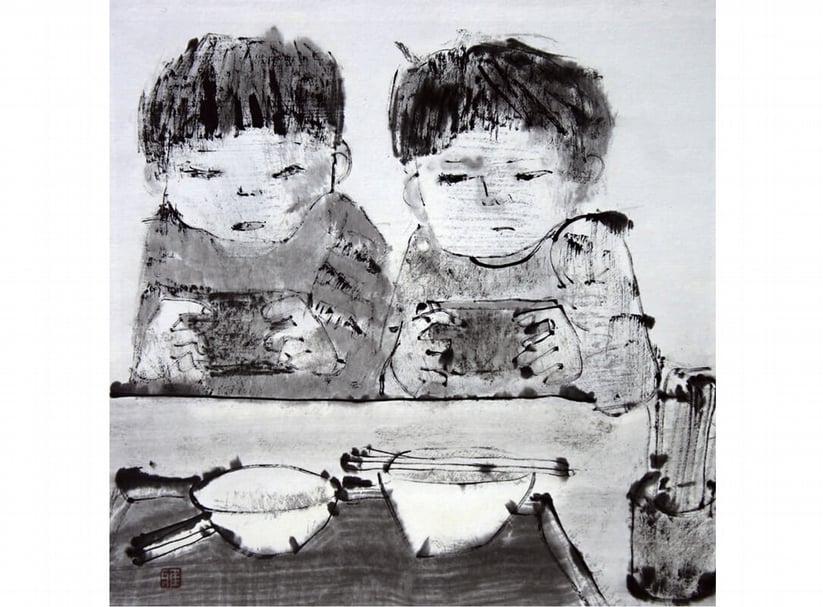 柯雍雅《低頭族》．水墨紙本．34.5×35.9 cm（1才）．2015。（荷軒提供）