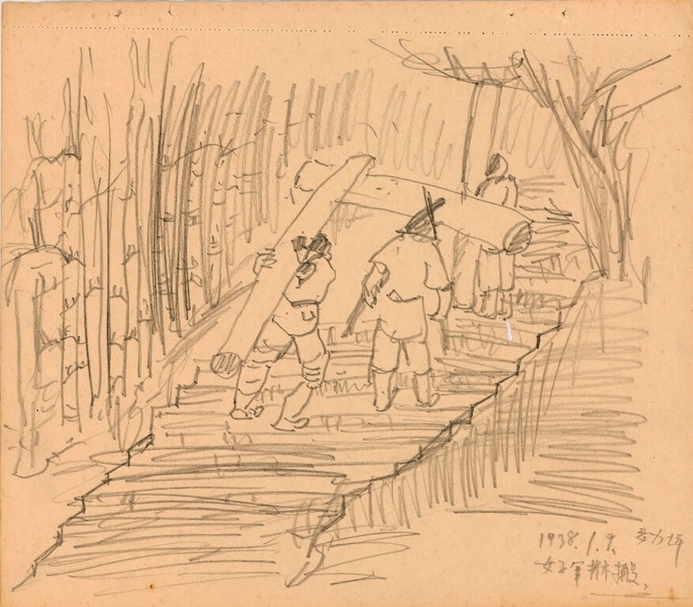 陳澄波│女子軍材木搬-SB24:38.1.9 紙本鉛筆 23.2x27.8cm 1938 財團法人陳澄波文化基金會提供