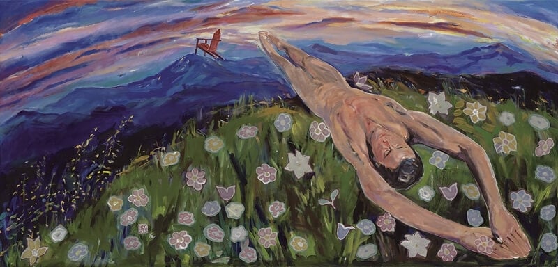 顧福生《休息站》．綜合媒材、畫布．71×147 cm．1994。