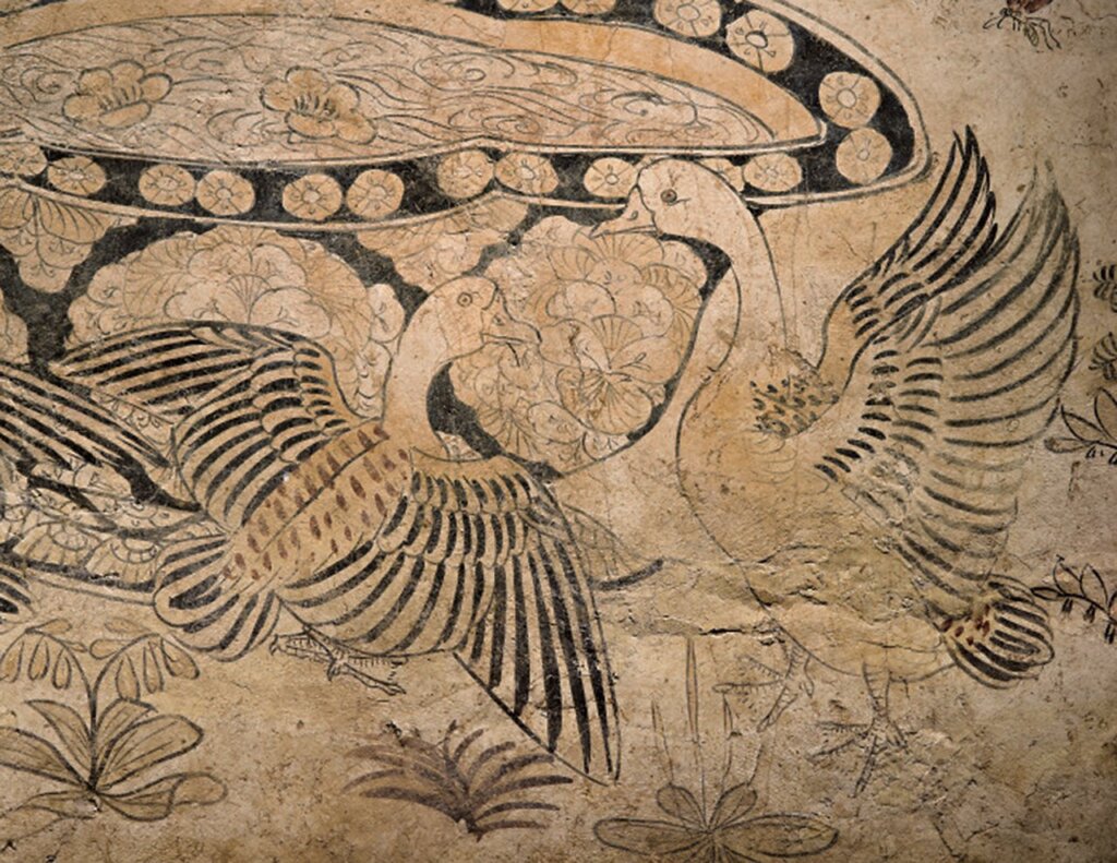 829年〈花鳥壁畫〉,趙逸公墓出土,洛陽古墓博物館藏。圖為局部。