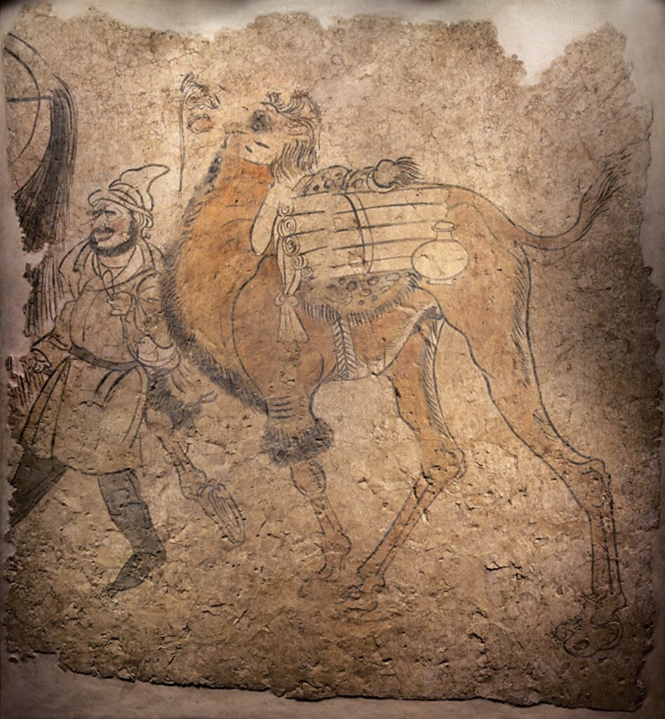 690~710年〈人駝圖壁畫〉,安國相王孺人唐氏墓出土,高210公分,洛陽古墓博物館藏。圖為局部。