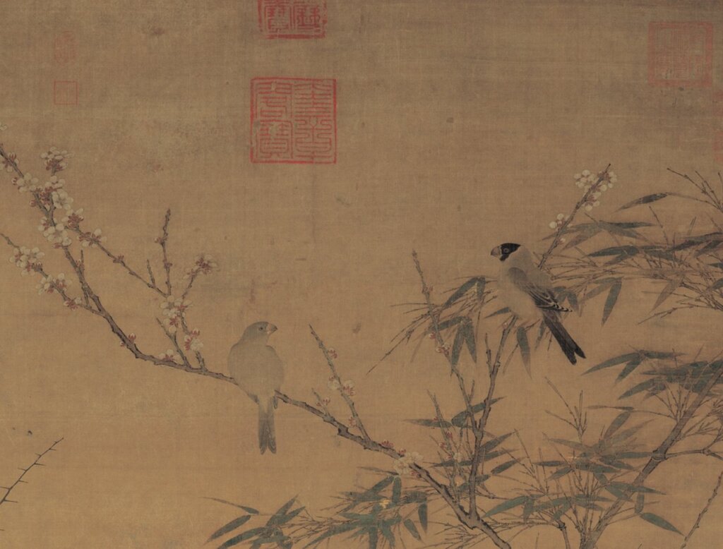 宋人〈梅竹聚禽圖〉局部，台北故宮博物院藏。