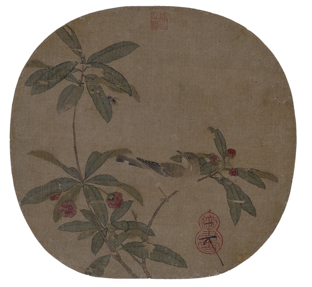 傳宋徽宗15世紀〈花鳥圖〉團扇,〈唐宋元三朝名畫冊〉,25.3×26.5公分,絹本設色,德國柏林國家博物館亞洲藝術館藏。