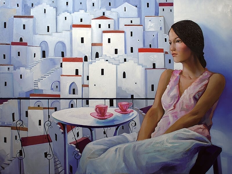 Michele Volpicella 《The two pink small cups》． 油彩、畫布． 120×90 cm．2015。