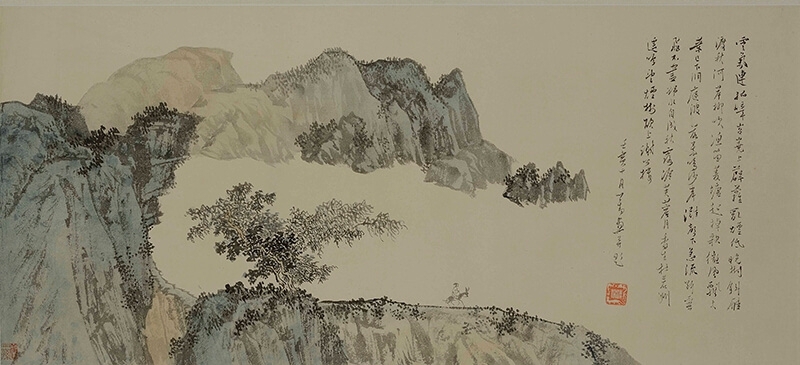 溥心畬，〈雲氣連孤峰〉，30.2x67.5 cm，設色紙本。
