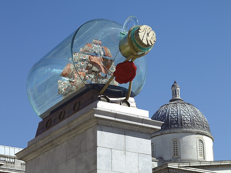 Nelson’s Ship in a BottleDate: 2010Dimensions: 290 x 525 x 235 cmMedium: Fibreglass, UV ink on printed cotton textile, steel, brass, resin, linen rigging, acrylic and woodPhotographer credit, image courtesy: Courtesy the artist and Stephen Friedman G