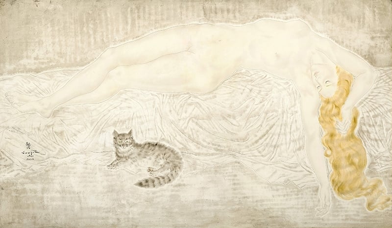 藤田嗣治，《裸女與貓》，水墨油畫畫布，1930年作，款識 嗣治 Foujita 1930 PARIS 估價：2千至3千萬港元