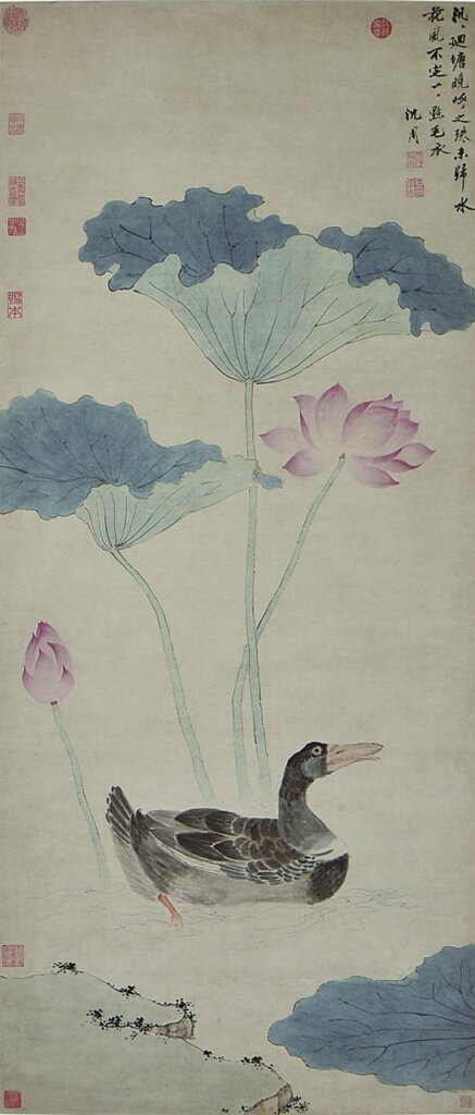 明沈周〈蓮塘浴鳧軸〉，黃仲方藏。