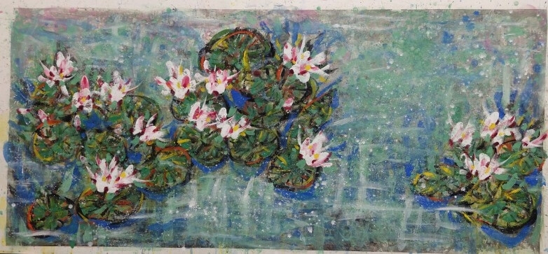 王昭，睡蓮，95x200cm，150號 岩彩、水墨．紙本，2016，局部(一)。