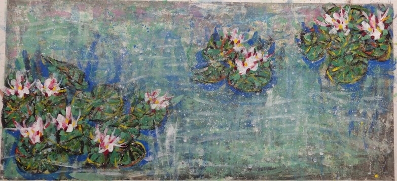 王昭，睡蓮，95x200cm，150號 岩彩、水墨．紙本，2016，局部(二)。