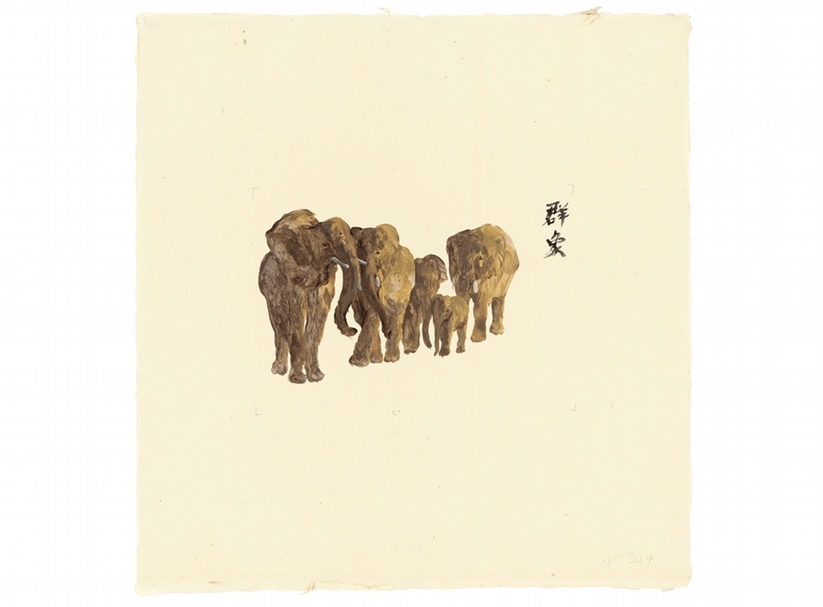 劉小東，《向南飛 #03》，2014，壓克力顏料 / 宣紙，50 × 50 cm。