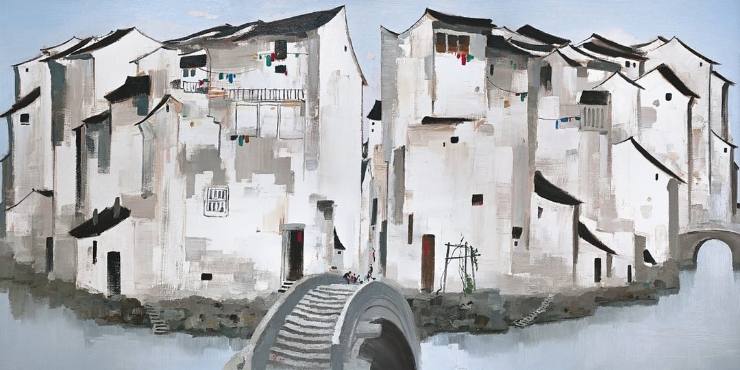 吳冠中，《周莊》，油彩畫布，148 x 297cm，1997 年。（2016年香港保利春拍）