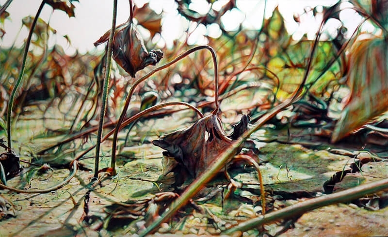 黃敏俊,殘荷入夢 ,畫布油彩,260x160 cm,2016。