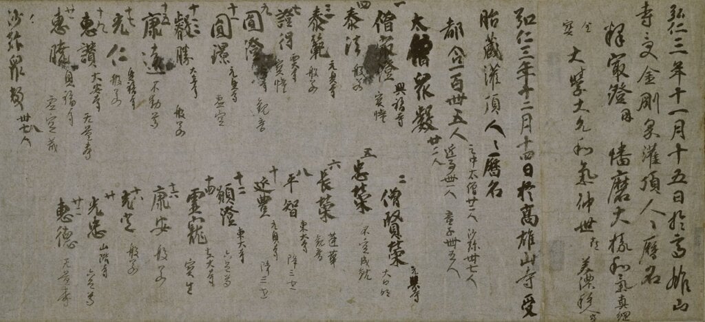 日本空海弘仁三年～四年（812～813）〈灌頂歷名〉（日本國寶），圖為局部，日本神護寺藏。