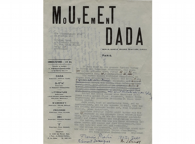 Front of the Dadaglobe request letter from Tristan Tzara, Francis Picabia, Georges Ribemont-Dessaignes and Walter Serner to Alfred Vagts, 1920Typewritten letter with handwritten addition by Tristan Tzara on‘Mouvement Dada’writing paper, 27×21 cmArchi