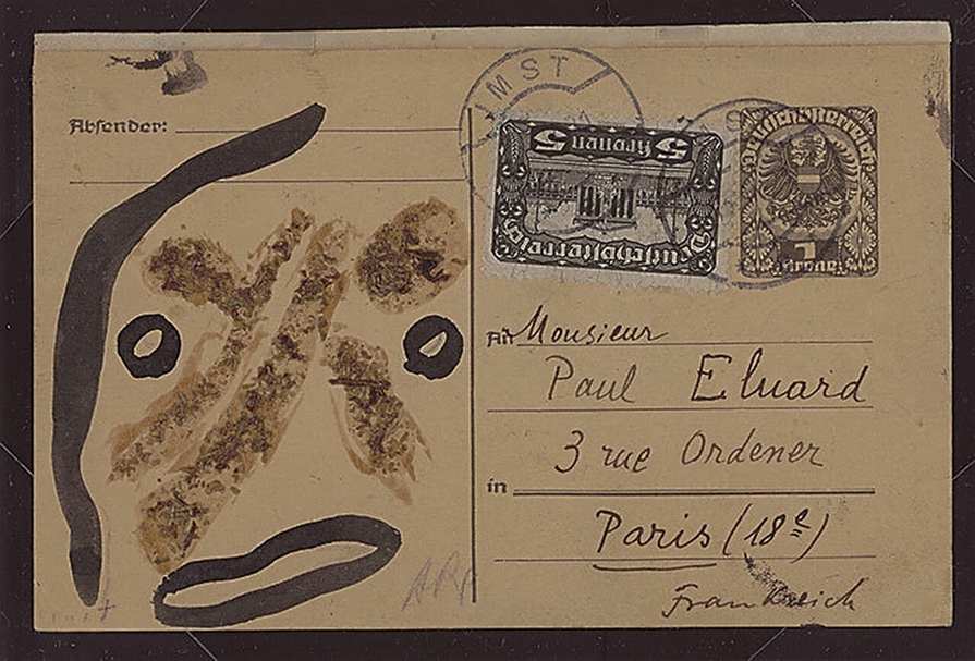 Hans Arp, Max Ernst and Tristan TzaraPostcard to Paul Eluard, 1921Brush and pen in ink, tobacco, postal stamps, stamp in black, 14 x 9 cmKunsthaus Zürich, © 2015 ProLitteris, Zurich / Estate of Tristan Tzara