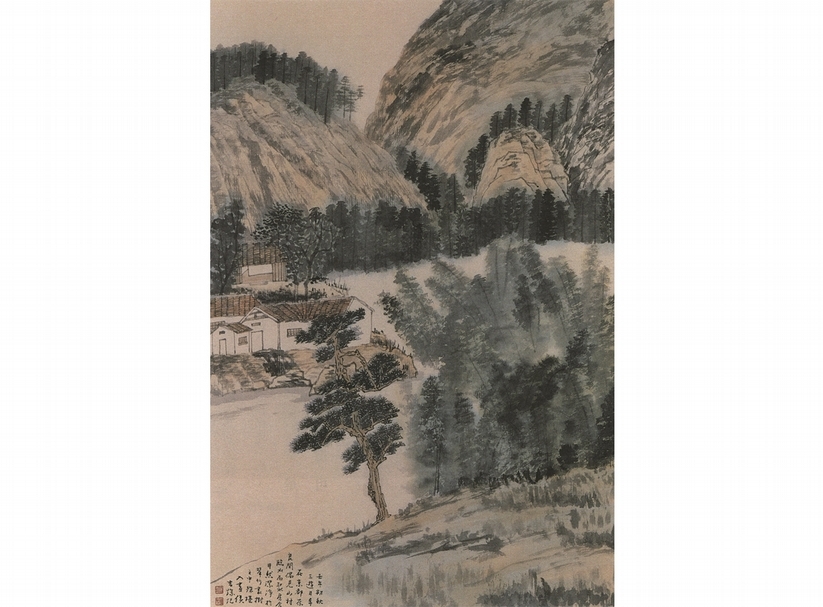 侯吉諒2002年作〈日本民宅〉，繪於王國財製仿宋羅紋紙。