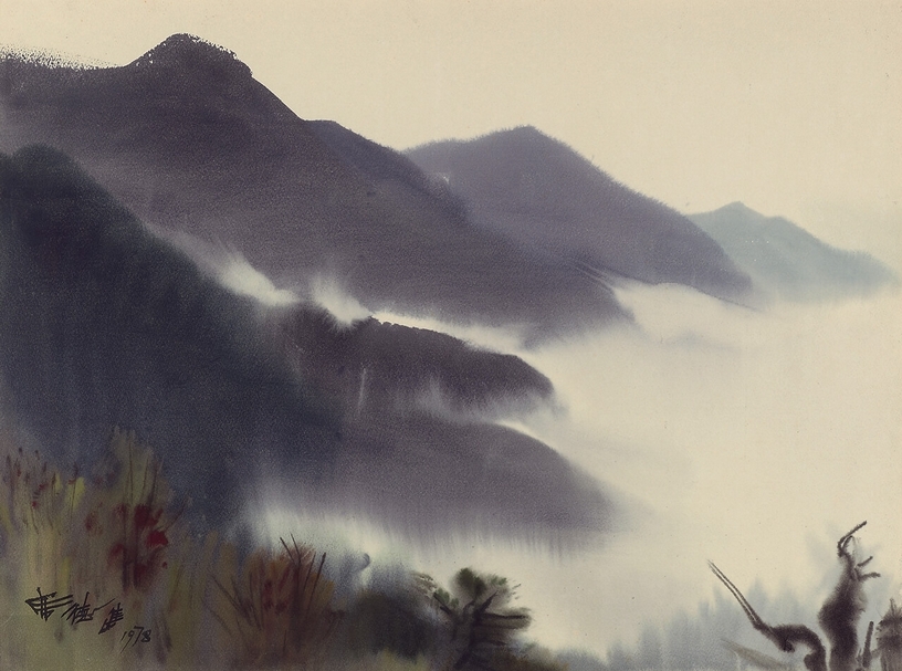 席得進《山嵐》． 彩墨 、紙本 ． 56.5×76 cm ．1978。