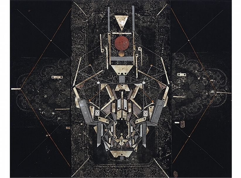 陳硯平，卜辭，漂白水、複合媒材於棉布，裱於仿麻布，72.5x91cm，2015。