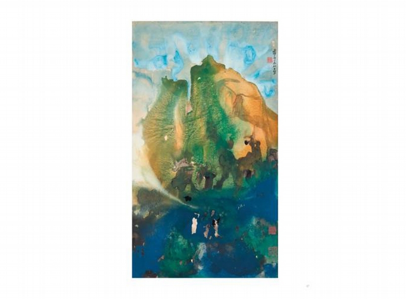 張大千1967年作〈加州夏山〉設色紙本，鏡框。