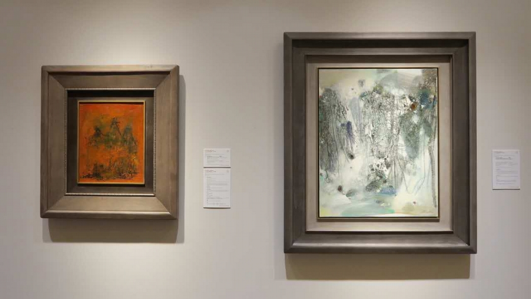 趙無極〈紅色家園〉（左）與朱德群〈雪霽霜色I〉（右），分別以844萬港元與1084萬港元成交。攝影╱楊椀茹。