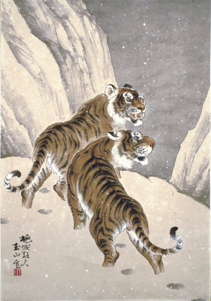 林玉山約1970年作〈雪中雙虎〉，66×46公分。