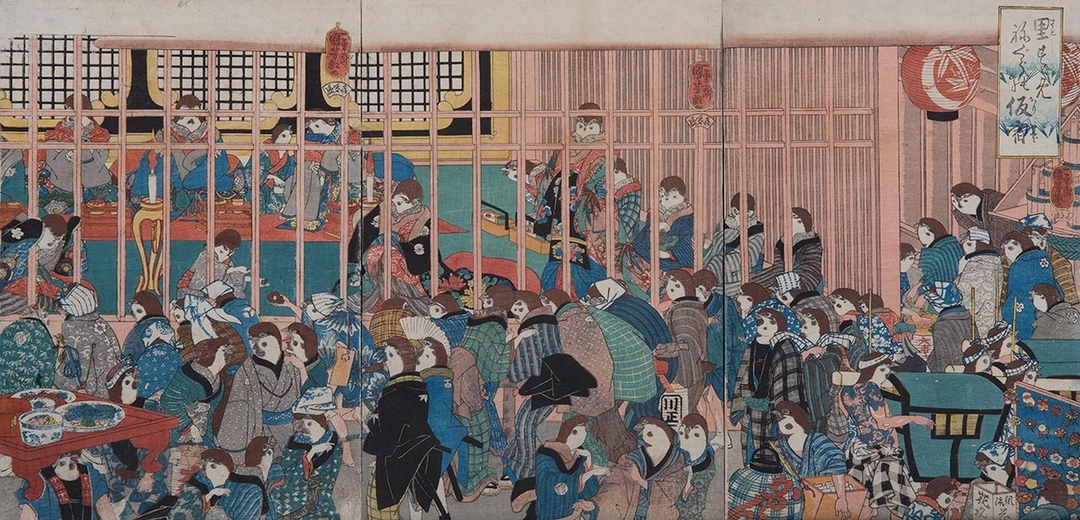 東京富士美術館近年珍貴購藏，首次選於本展於台首次展出! 歌川國芳 （Utagawa Kuniyoshi），〈里雀巢之暫居所〉（三聯幅）。弘化3年（1846），木版多色刷，大判錦繪。37 .1×25.5cm、37 .1×25.5cm、37 .1×25.1cm。東京富士美術館館藏。