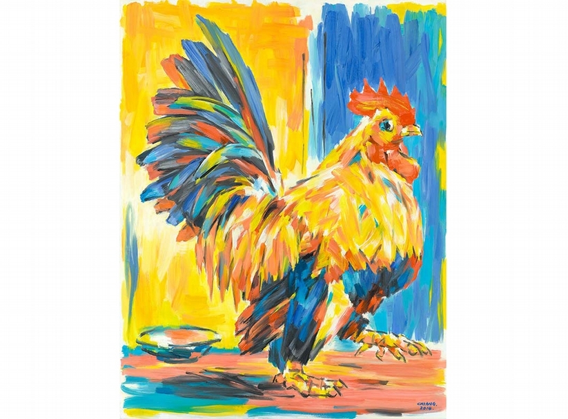 江隆芳,金雞向前行,117x97cm,2014。