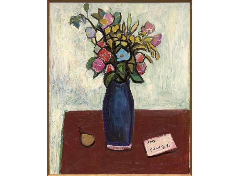 張義雄《花（桌上有一封信）》．油彩畫布．80.3×65.2 cm．2009。
