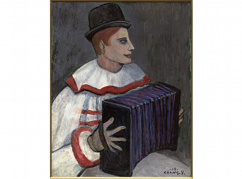 張義雄《演奏手風琴的小丑》．油彩畫布．90.9×72.7 cm．2008。