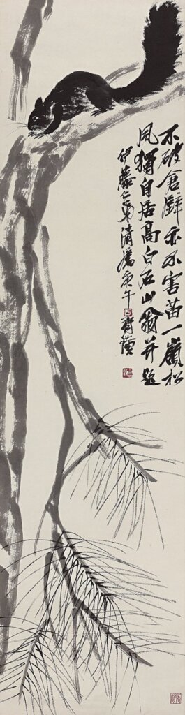 齊白石1930年作〈松嶺高居〉，水墨紙本鏡心，135×34.5公分。