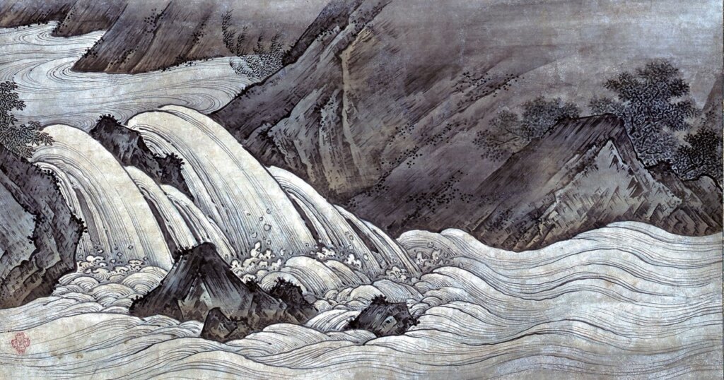 傳狩野元信〈奔湍圖〉，日本大和文華館藏。