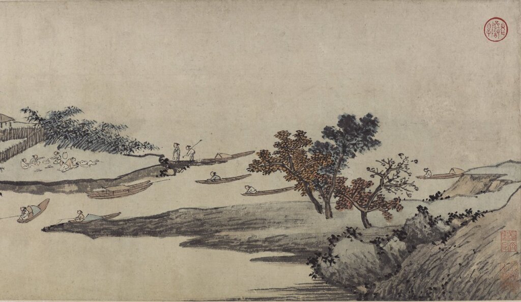 沈周1480年代〈江村漁樂圖〉，紙本設色手卷，Freer Gallery of Art F1939.2。圖為局部。