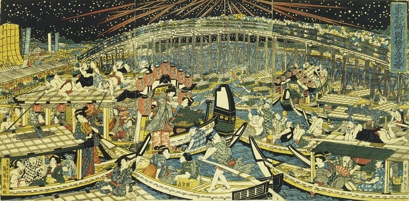 溪齋英泉Eisen Keisai│東都兩國橋夕涼之景色 木版多色刷、大判錦繪 38.8x25.9cm（每幅，三聯作） 1830-44 東京富士美術館館藏