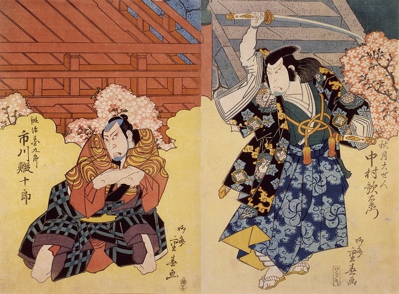 柳齋重春Shigeharu Ryusai│第三代中村歌右衛門所飾之秋月大前，第二代市川鰕十郎所飾之鍛冶團九郎 木版多色刷、大判錦繪 39.5x27cm、39.5x26.7 cm 1829 東京富士美術館館藏