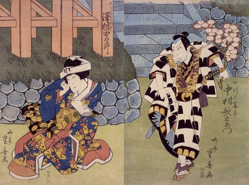 柳齋重春Shigeharu Ryusai│第三代中村歌右衛門所飾之僕從妻平，第二代澤村國太郎所飾之轎元籬 木版多色刷、大判錦繪 40.2x26.5cm、39.2x26.7 cm 1829 東京富士美術館館藏