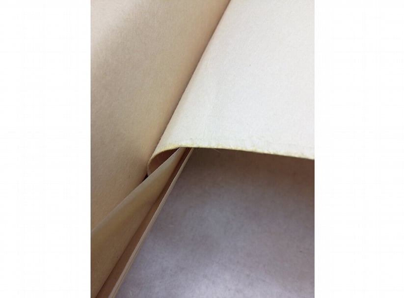 張大千所用「極薄鳥之子紙」和一般厚度的「鳥之子紙」對照。攝影/藍玉琦。
