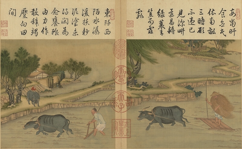 清康熙朝冷枚〈耕織圖〉冊，絹本設色，故畫003383。台北國立故宮博物院版權所有。清乾隆朝（義大利）郎世寧〈繪白鷹〉，絹本設色，故畫000958。台北國立故宮博物院版權所有。