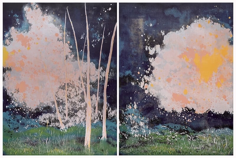 游雅蘭《煙花》．木刻油印凸版．120×90 cm×2．2015。