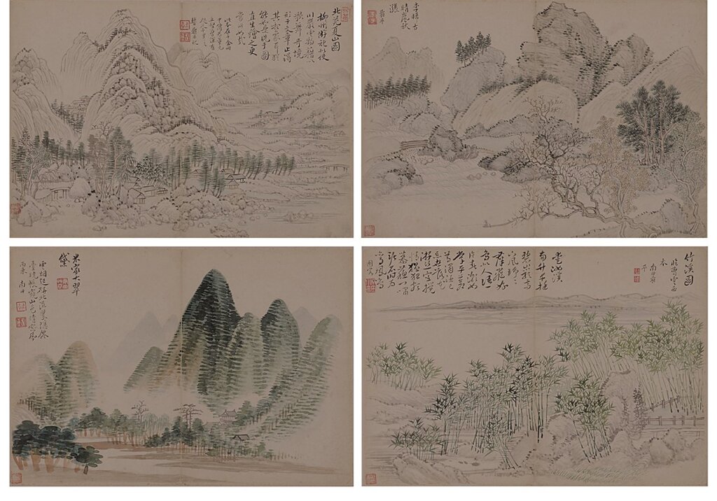 清惲壽平〈仿古山水冊〉，設色紙本，27×38公分×10，估價待詢，成交價人民幣8165萬元。圖為其中四開。