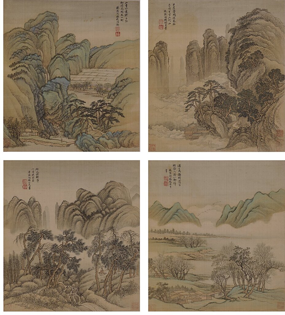 清王翬〈仿宋元山水巨冊〉，設色絹本，36×33公分×12，估價人民幣2800萬～3800萬元，成交價人民幣3335萬元。圖為其中四開。