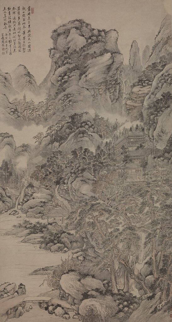 清周顥〈觀瀑圖軸〉 清乾隆十一年（1746）∣縱194.5公分、橫105.7公分∣上海博物館藏