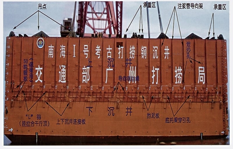 南海一號於1987年首次發現，歷經近20年的折衝，終於在2007年進行整體打撈工程，圖為打撈所使用的沉箱，分為上下沉井兩部分。