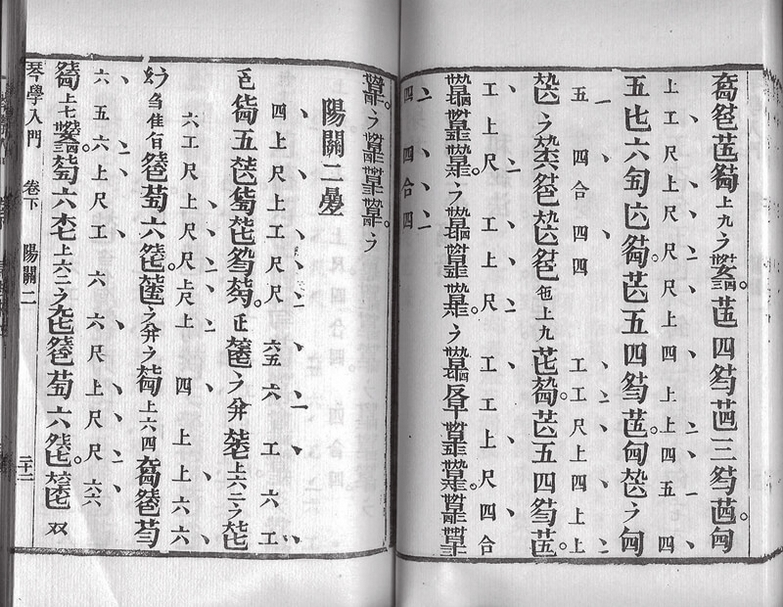 鄭德宣提出,古琴減字譜的出現與翻譯外族語言有關。圖為《琴學入門》減字譜旁註工尺譜。圖╱維基百科。