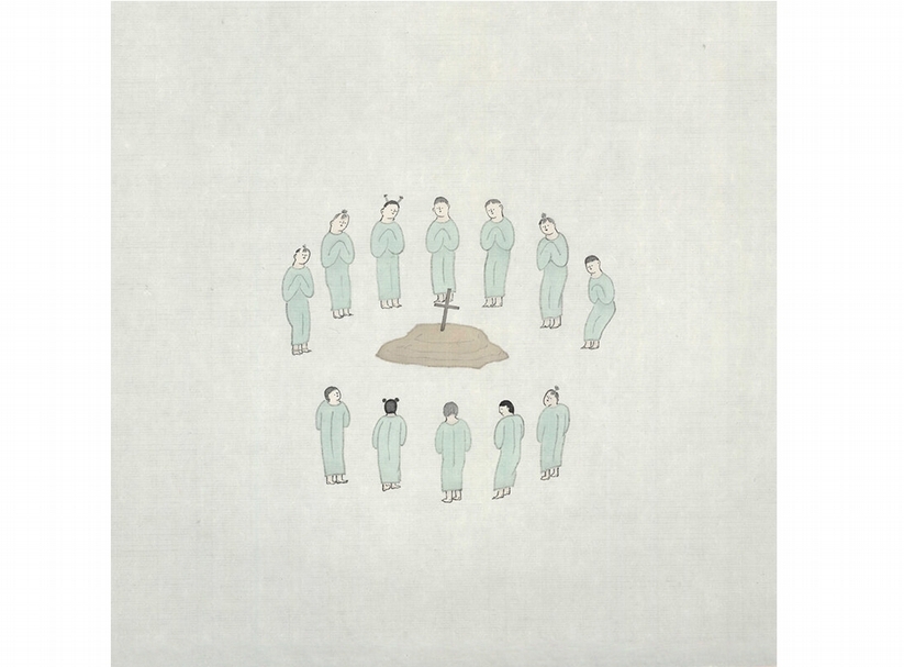 簡翊洪，《哀悼》，33x33cm，絹本、水墨設色，2016。