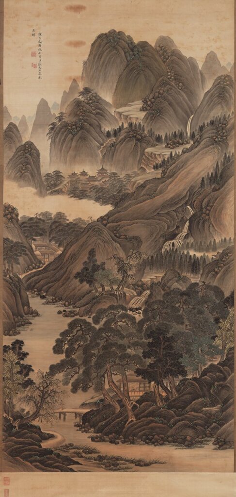 清雍正朝高其佩繪〈山水圖軸〉，絹本設色，222.7×109.1公分，故畫00952。台北國立故宮博物院版權所有。