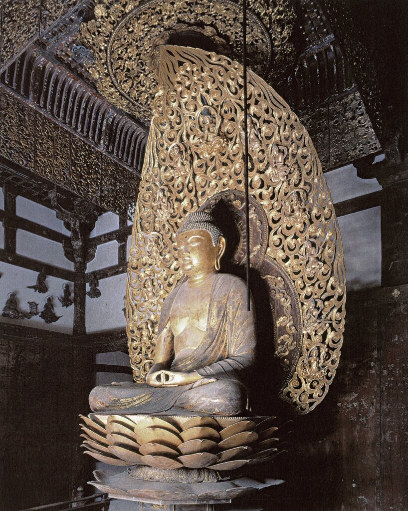 定朝紀年1053年〈阿彌陀佛像〉，寄木刨空雕造，彩漆，貼金，高2.78公尺。現存平等院，京都宇治，日本國寶。圖版出處：《Portraits of Chōgen：The Transformation of Buddhist Art in Early Medieval Japan》，pl.94。