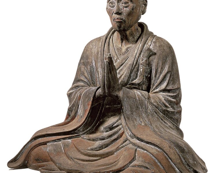 約1196年〈重源〉。實心樟木，原有彩漆，高 87.8公分。現存阿彌陀寺，山口縣防府，日本重要文化財。圖版出處：《Portraits of Chōgen：The Transformation of Buddhist Art in Early Medieval Japan》，pl.53。