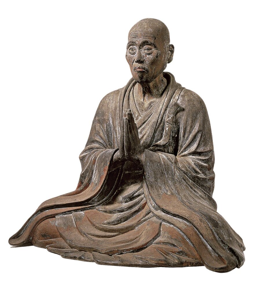 約1196年〈重源〉。實心樟木，原有彩漆，高 87.8公分。現存阿彌陀寺，山口縣防府，日本重要文化財。圖版出處：《Portraits of Chōgen：The Transformation of Buddhist Art in Early Medieval Japan》，pl.53。